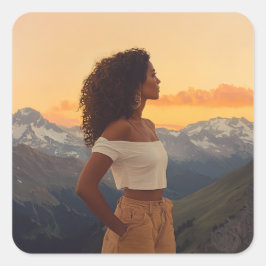 Bruine vrouw met uitzicht op de bergen vierkante sticker