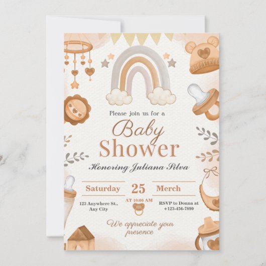 Bruine waterverf babyshower uitnodigingen (Voorkant)
