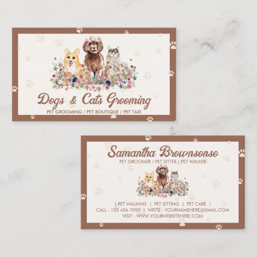 Bruine Waterverf Honden katten Pet Sitter Visitekaartje (Voorkant / Achterkant)
