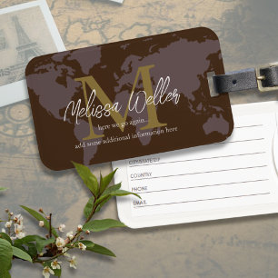 Bruine Wereldkaart Reiziger Modern & Elegant Monog Bagagelabel