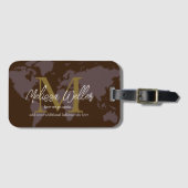 Bruine Wereldkaart Reiziger Modern & Elegant Monog Bagagelabel (Voorkant (horizontaal))