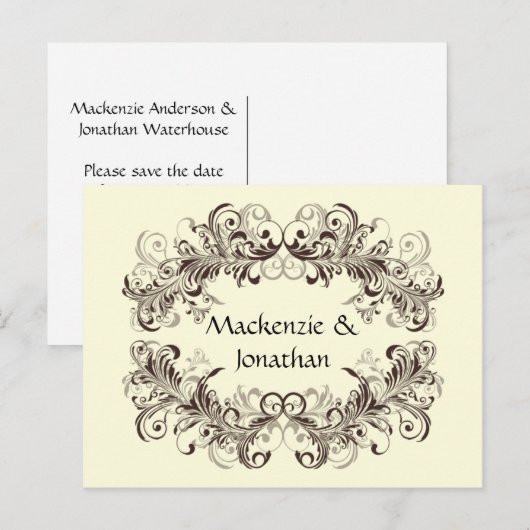 Bruine Wervelingen op Cream Save The Date Aankondigingskaart (Voorkant / Achterkant)