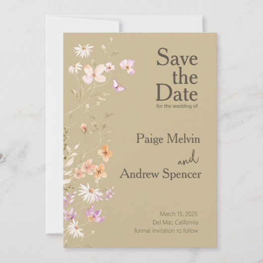 Bruine Wildflowers Wedding Save the Date Kaart (Voorkant)