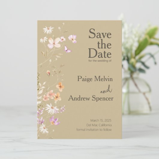 Bruine Wildflowers Wedding Save the Date Kaart (Staand voorkant)