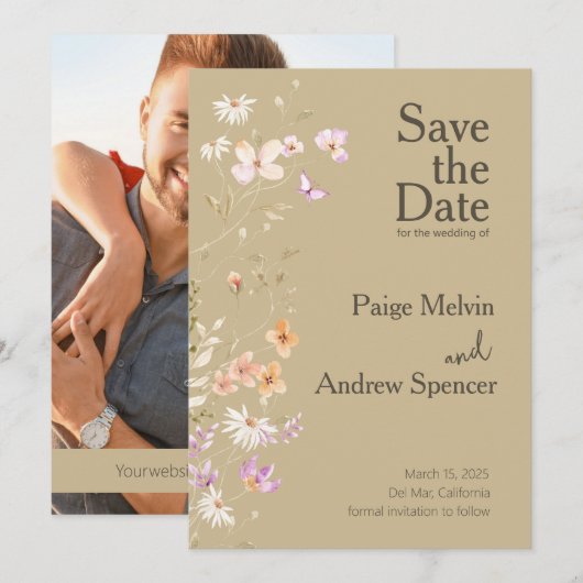Bruine Wildflowers Wedding Save the Date Kaart (Voorkant / Achterkant)