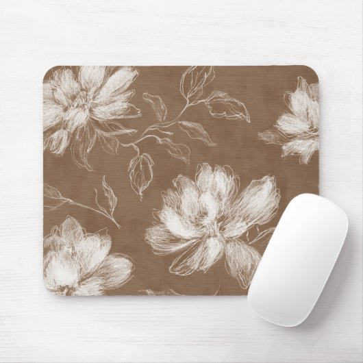 Bruine Witte Abstracte Bloemen Muismat (Met muis)
