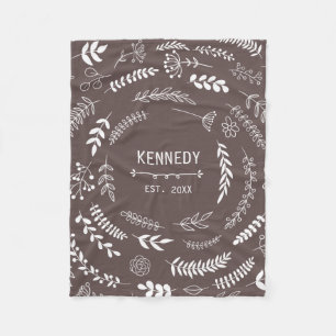 Bruine witte bladeren Floral Monogram Patroon Fleece Deken