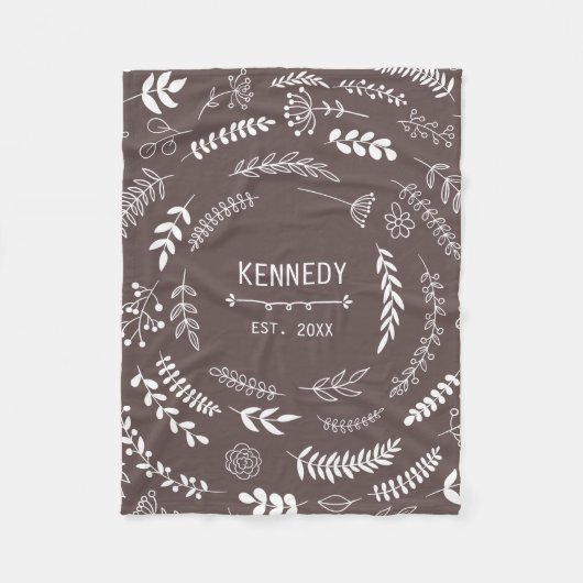 Bruine witte bladeren Floral Monogram Patroon Fleece Deken (Voorkant)