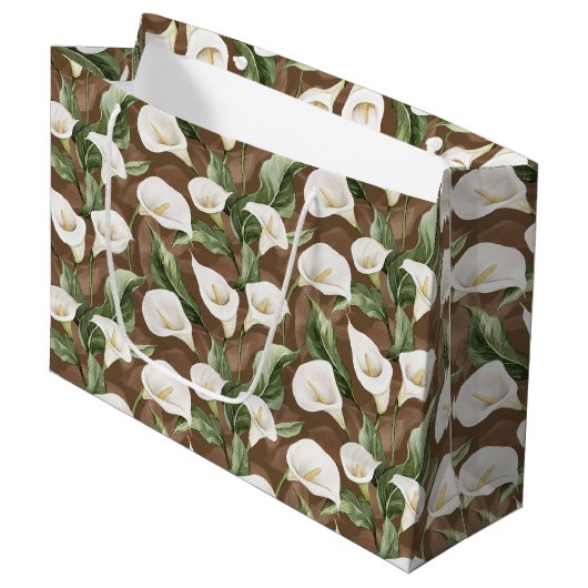 Bruine Witte Calla Lelie Bloemige Bruidsdouche Groot Cadeauzakje (Voorkant Gekanteld)