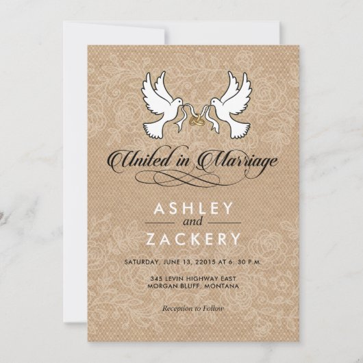 Bruine, witte duiven bruiloft uitnodiging (Voorkant)