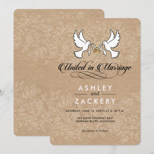 Bruine, witte duiven bruiloft uitnodiging (Voorkant / Achterkant)