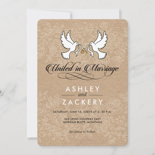 Bruine, witte duiven bruiloft uitnodiging (Voorkant)