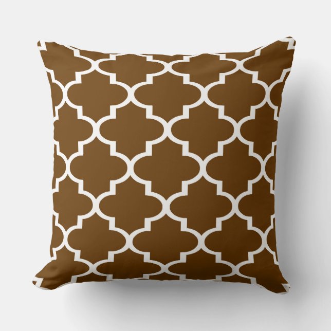 Bruine Witte Quatrefoil Lattice Kussen (Voorkant)