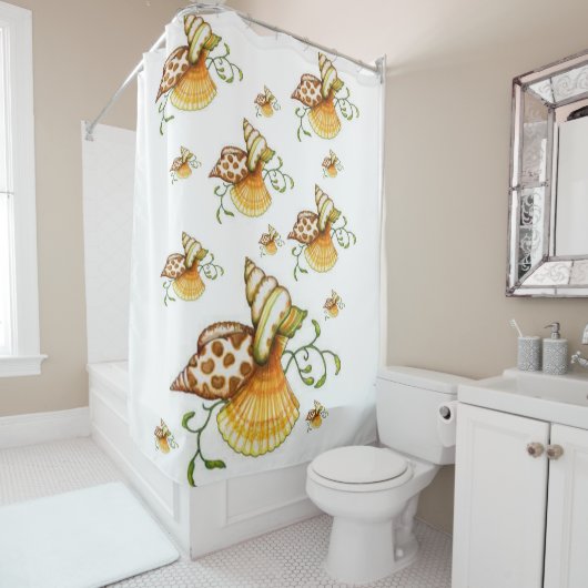 bruine witte schelpen zee douche gordijn oceaan (In situ)