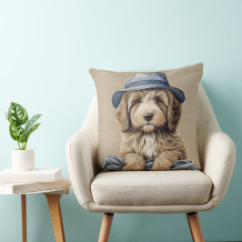 BRUINE & WITTE SHAGGY DOG MET BLAUW PET KUSSEN