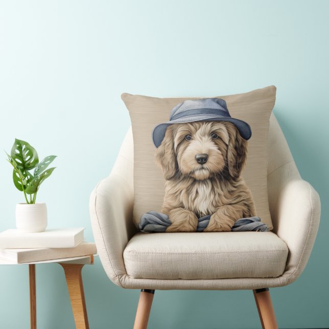 BRUINE & WITTE SHAGGY DOG MET BLAUW PET KUSSEN (Stoel)