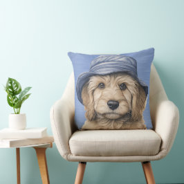 BRUINE & WITTE SHAGGY DOG MET BLAUW PET KUSSEN