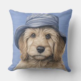BRUINE & WITTE SHAGGY DOG MET BLAUW PET KUSSEN