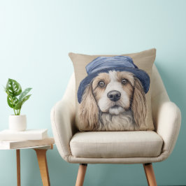 BRUINE & WITTE SHAGGY DOG MET BLAUW PET KUSSEN