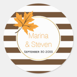 Bruine witte strepen en paarse bladvalbruiloft ronde sticker