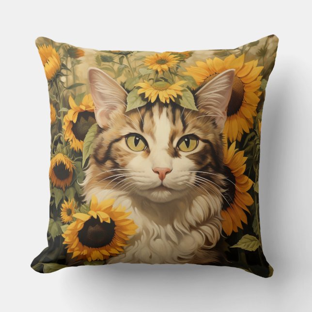 BRUINE & WITTE TABBY KAT MET  ZONNEBLOEMEN KUSSEN (Voorkant)