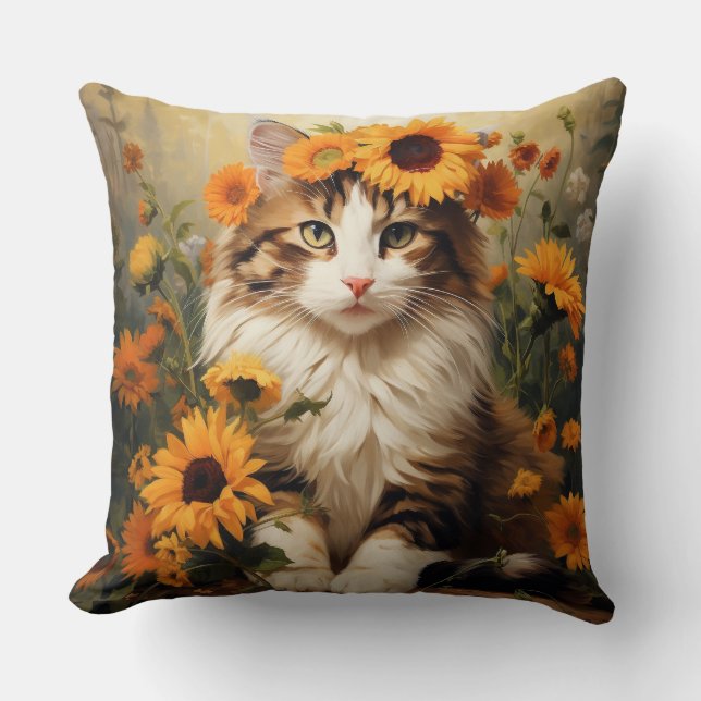 BRUINE & WITTE TABBY KAT MET  ZONNEBLOEMEN KUSSEN (Voorkant)