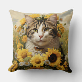 BRUINE & WITTE TABBY KAT MET ZONNEBLOEMEN KUSSEN