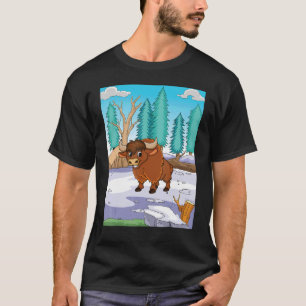 Bruine Yak staat op een sneeuwveld dat klaar is om T-shirt