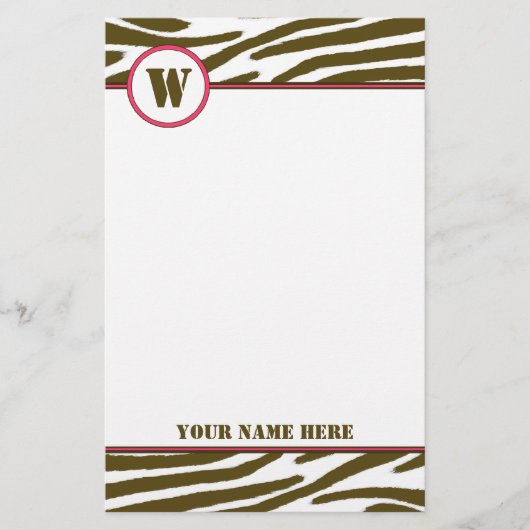 Bruine zebra Afdrukmonogram Briefpapier (Voorkant)