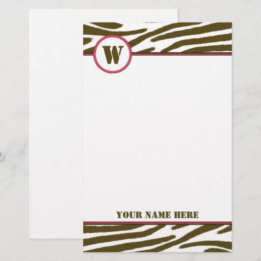 Bruine zebra Afdrukmonogram Briefpapier (Voorkant / Achterkant)