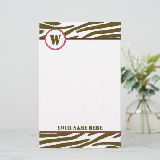 Bruine zebra Afdrukmonogram Briefpapier (Staand voorkant)