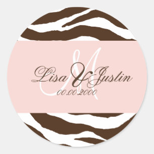 Bruine zebra/monogramstickers ronde sticker
