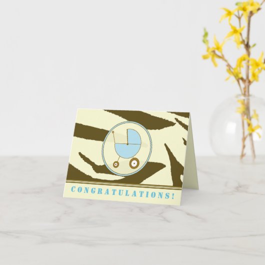 Bruine Zebra Print / Blauwe Baby Gefeliciteerd Kaa Kaart (Gele Bloem)