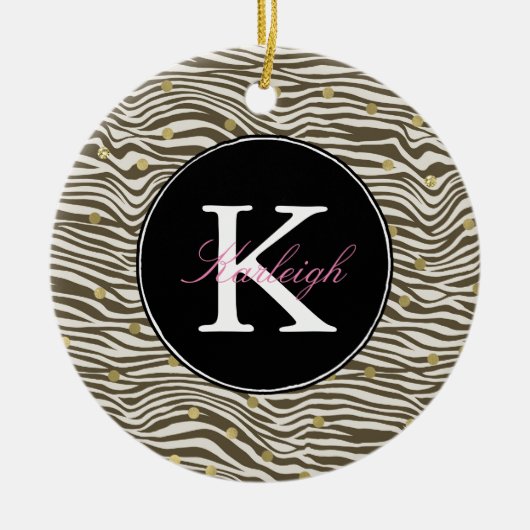 Bruine Zebra Print Gouden Confetti Monogram Keramisch Ornament (Voorkant)