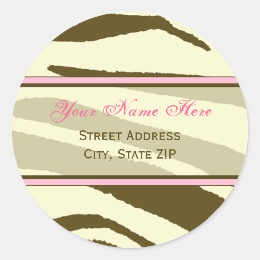 Bruine Zebra Print met Roze Adresetiketten Ronde Sticker (Voorkant)