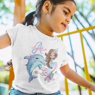 Bruine Zeemeermin Aangepaste Kinder naam Roze meis T-shirt