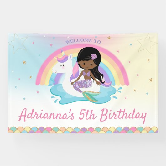 Bruine Zeemeermin Eenhoorn Zwembad Verjaardag Welk Spandoek (Horizontaal)