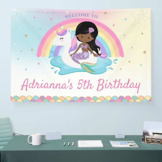 Bruine Zeemeermin Eenhoorn Zwembad Verjaardag Welk Spandoek (Beurs)