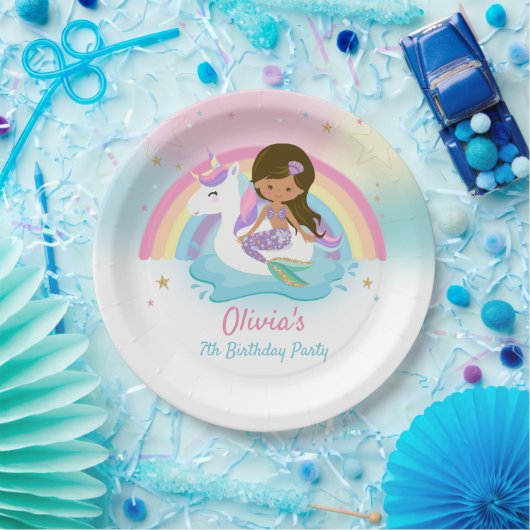 Bruine Zeemeermin en Eenhoorn Zwembad Verjaardagsf Papieren Bordje (Feest)