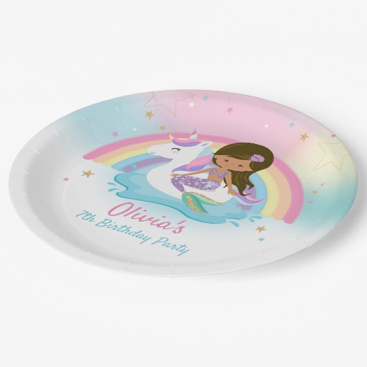 Bruine Zeemeermin en Eenhoorn Zwembad Verjaardagsf Papieren Bordje (Gekanteld)