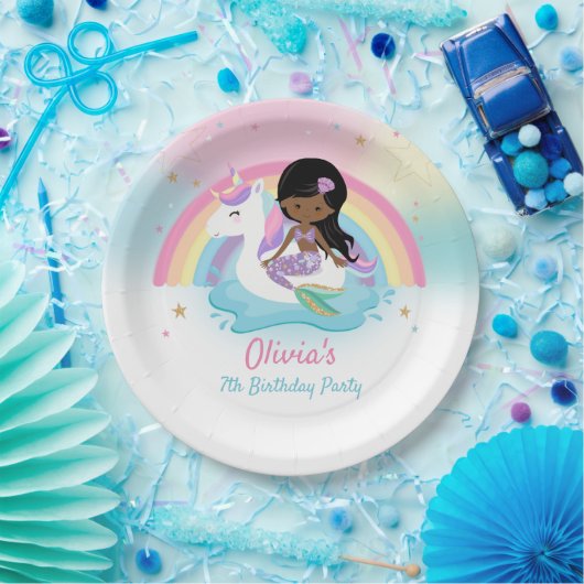 Bruine Zeemeermin en Eenhoorn Zwembad Verjaardagsf Papieren Bordje (Feest)