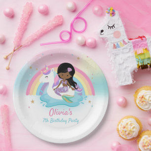 Bruine Zeemeermin en Eenhoorn Zwembad Verjaardagsf Papieren Bordje