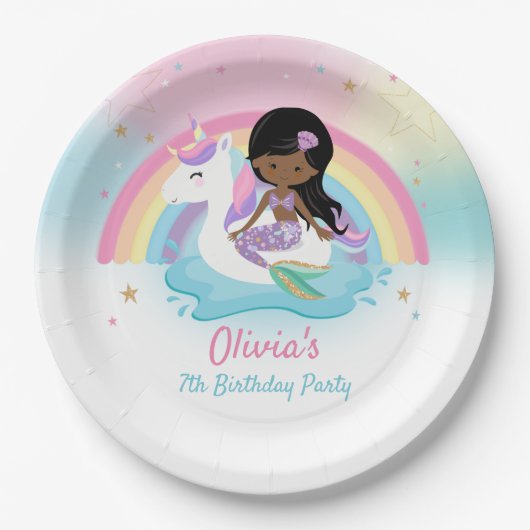 Bruine Zeemeermin en Eenhoorn Zwembad Verjaardagsf Papieren Bordje (Voorkant)