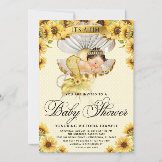 Bruine zeemeermin zonnebloem babyshower uitnodigin kaart (Voorkant)