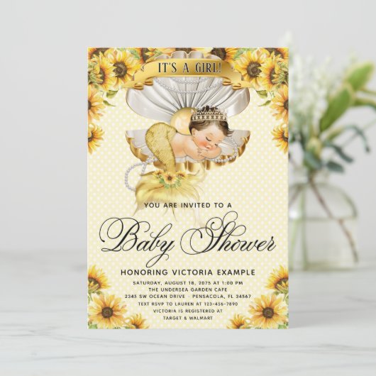 Bruine zeemeermin zonnebloem babyshower uitnodigin kaart (Staand voorkant)