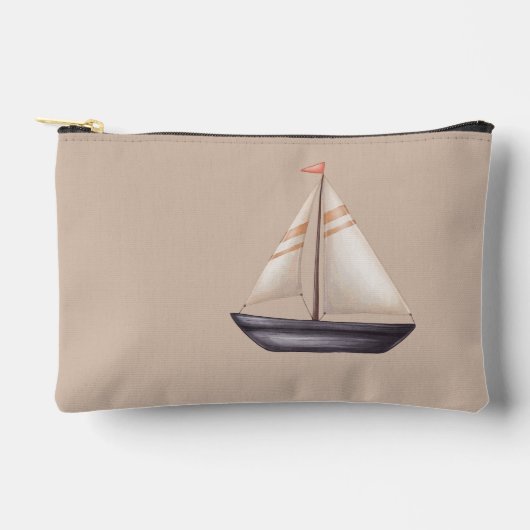 Bruine Zeilboot en Naam op Beige Etui (Voorkant)