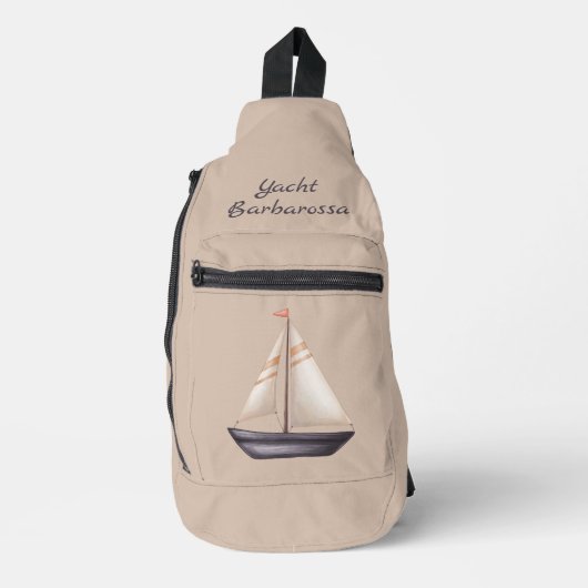 Bruine Zeilboot en Naam op Beige Sling Bag (Voorkant)