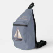 Bruine zeilboot en naam op grijs sling bag (Rechterhoek)