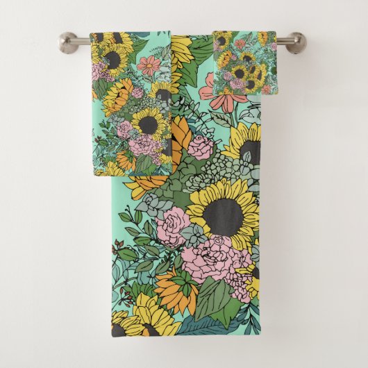 Bruine zonnebloemen en roze rozen bad handdoek (Insitu)