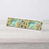 Bruine zonnebloemen en roze rozen bureau naambordje (Voorkant)